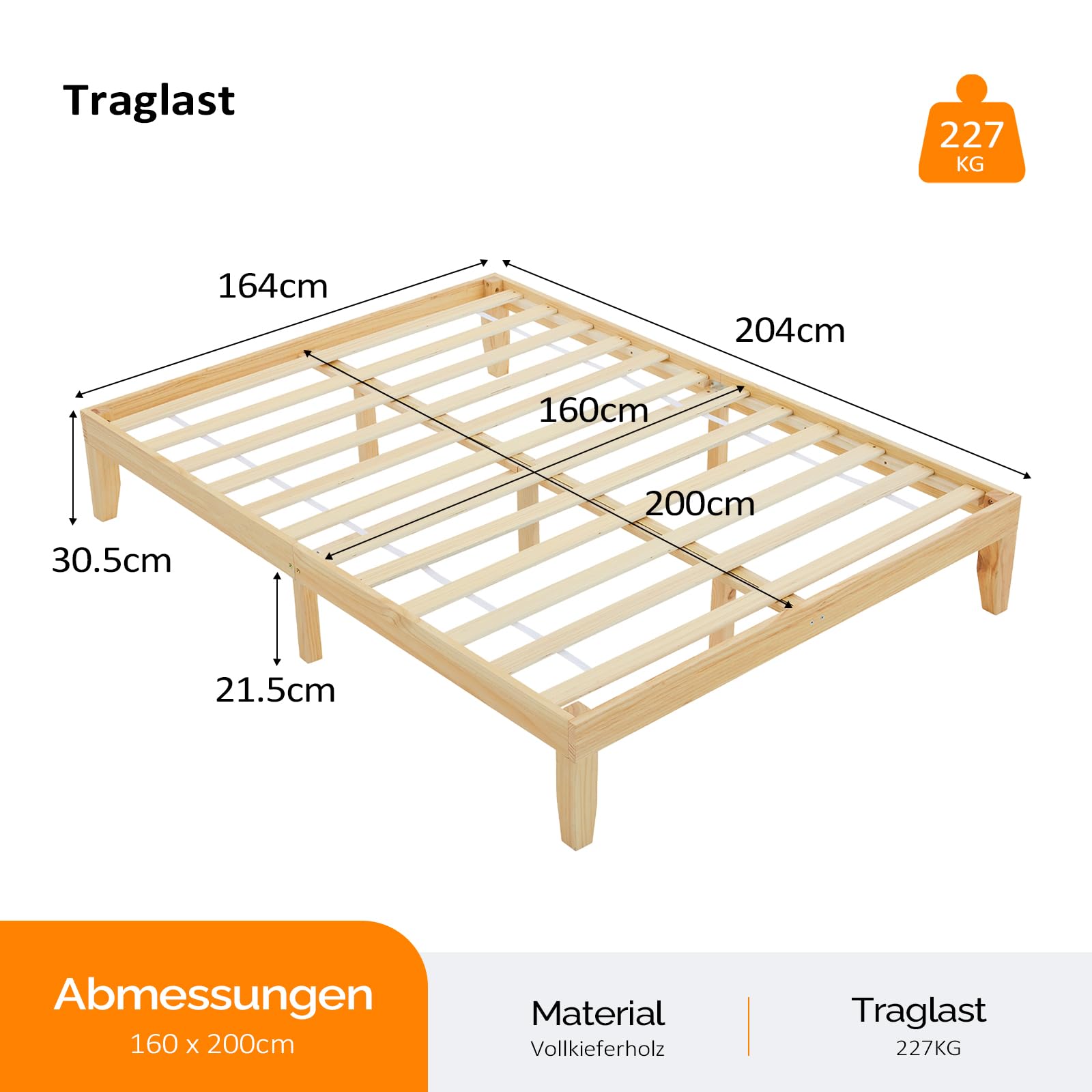 Bonnlo Cama Alta de con somier, Estructura de Madera Natural, 100% Pino (160x200)