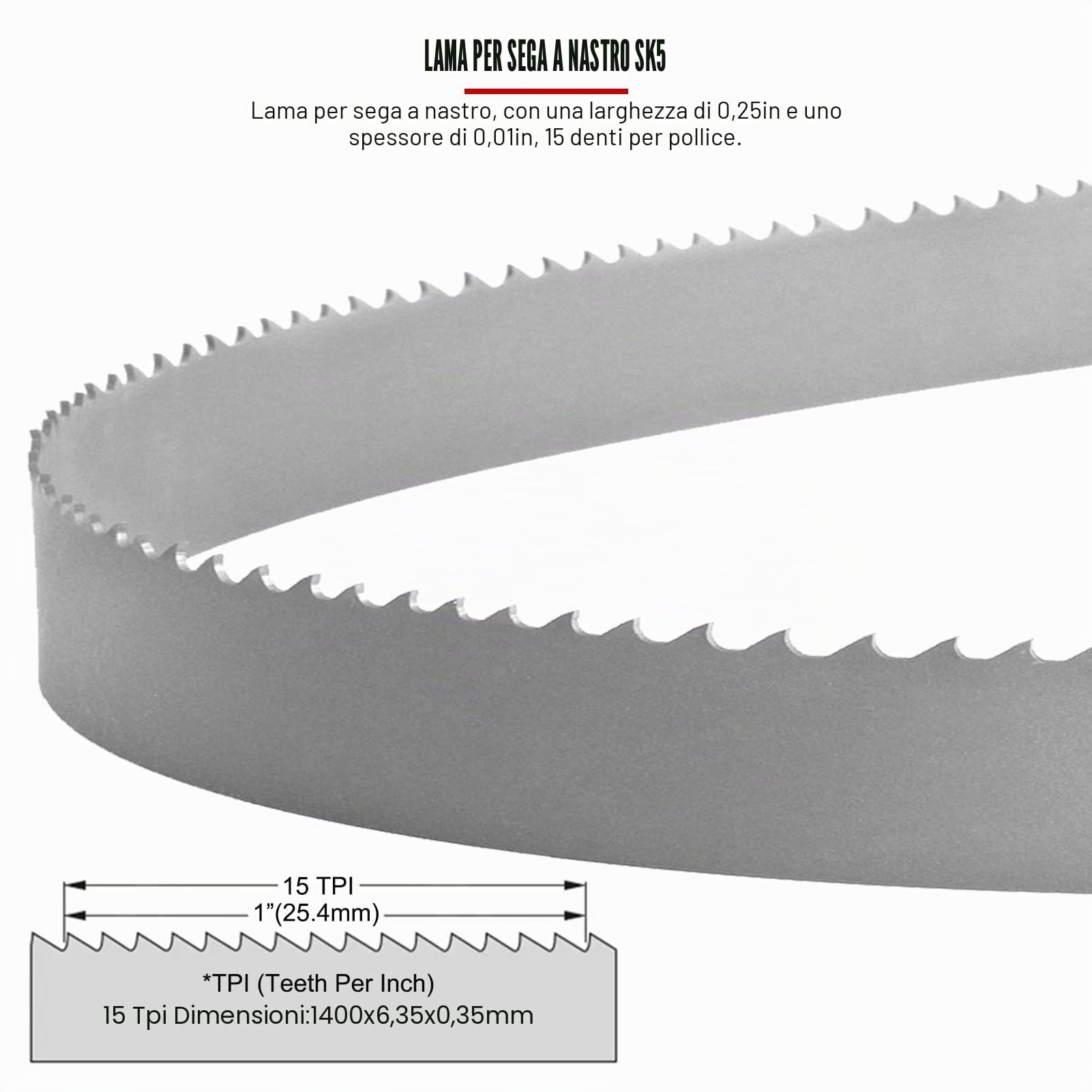 Lama per a nastro SK5 per lavorazione del legno, resistente al calore 1425 mm x 6,35 mm x 15 denti, utensile da taglio di lunga durata per materiali spessi