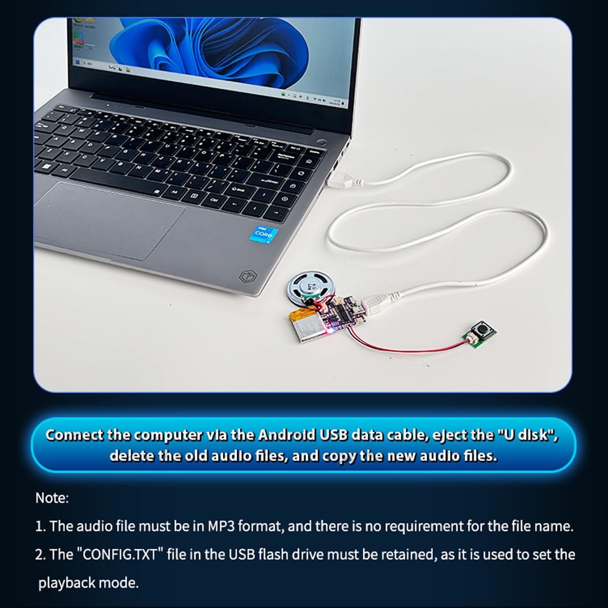 Chips de voz de 16 MB, módulo de sonido activado con botón pulsador, módulo de sonido de música MP3 para manualidades, Navidad, Año Nuevo, tarjetas de felicitación, caja con altavoz cable USB, 2P.