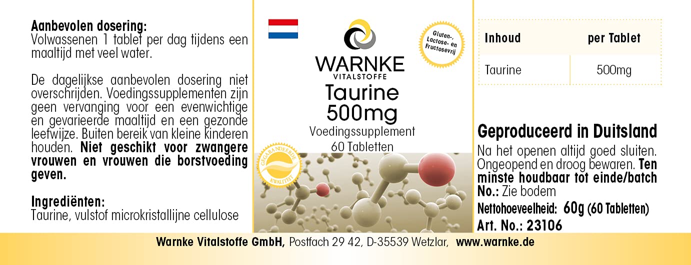 Taurina 500 mg - 60 Compresse - Vegan | Warnke Vitalstoffe - Qualità da farmacia tedesca