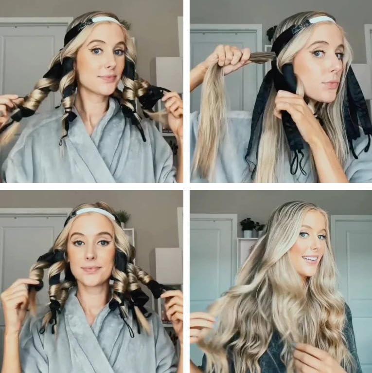 Heatless Hair Curler for Long Hair, Flexi Rod Headband with Adjustable Straps, Soft Satin Material, No Heat Hair Curls, Over Night Use, for Women and Girls Soft Satin No Heat Curlers for Long Hair, Lazy Hair Curler, Heatless Curls for Women Curls Wave (Black) - Image 2 thumbnail