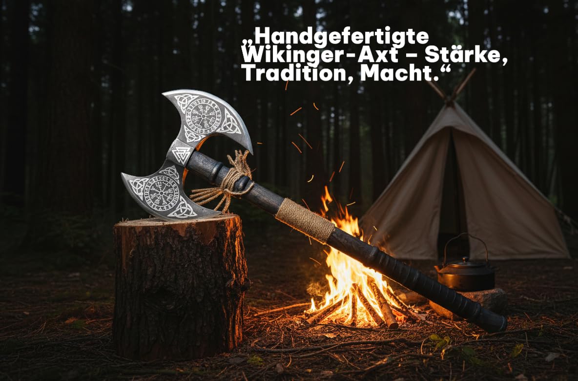 NovaHaven Hacha vikinga de doble cabeza – Hacha forjada a mano de acero al carbono con mango de madera de fresno, envoltura de cuero y vaina de cuero, ideal para coleccionistas, al aire libre y como
