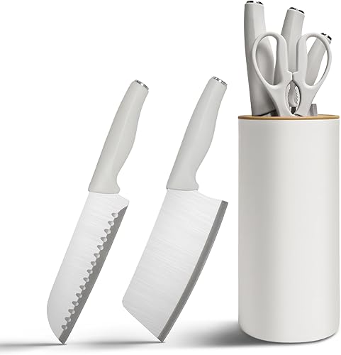 Miniatura 11 de Juego de cuchillos de cocina blancos con bloque, juego de 5 piezas de cuchillos de acero inoxidable, cuchillo de chef, cuchillo de pelar, tijeras de