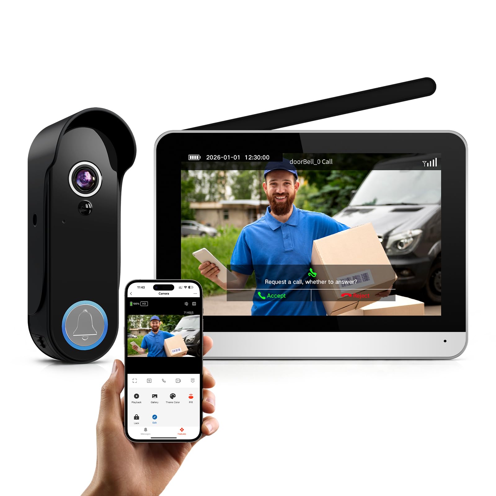 XPJ Interphone Vidéo Sonnette Sans Fil avec Camera et 7" Ecran Moniteur Visiophone Portier Connectée WiFi 1080P, Détection de Mouvement, Vision Nocturne, Audio Bidirectionnel, Stockage Local, Tuya APP