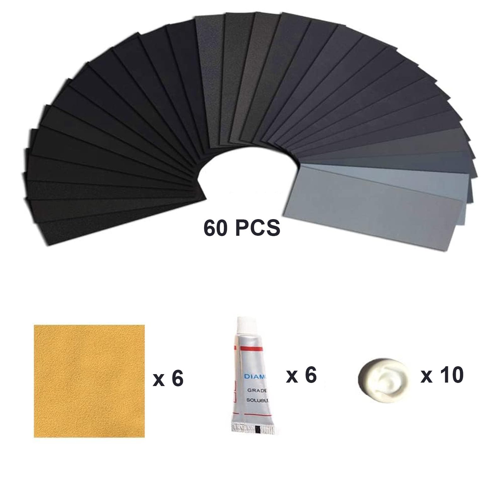 Lot de 60 papiers abrasifs fins de 120 à 20 000, assortiment de papier abrasif à grain élevé humide et sec avec 10 doigtiers pour ponçage du bois, du métal et du polissage automobile, 23 x 9,1