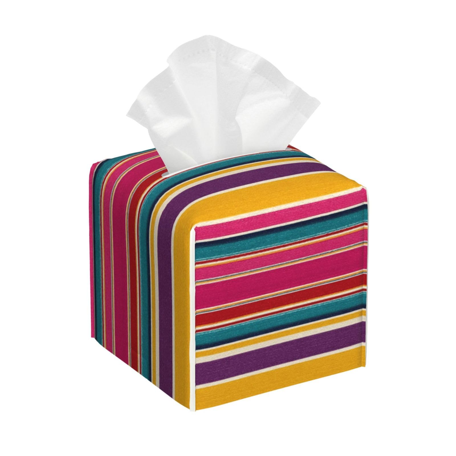 Rainbow Serape Design A Print Tissue Box Cover Holder Square, Foldable Modern Cube Tissue Box Cover, Leather Decorative Organizer for Tabletop Bathroom Car Office Desk Decor