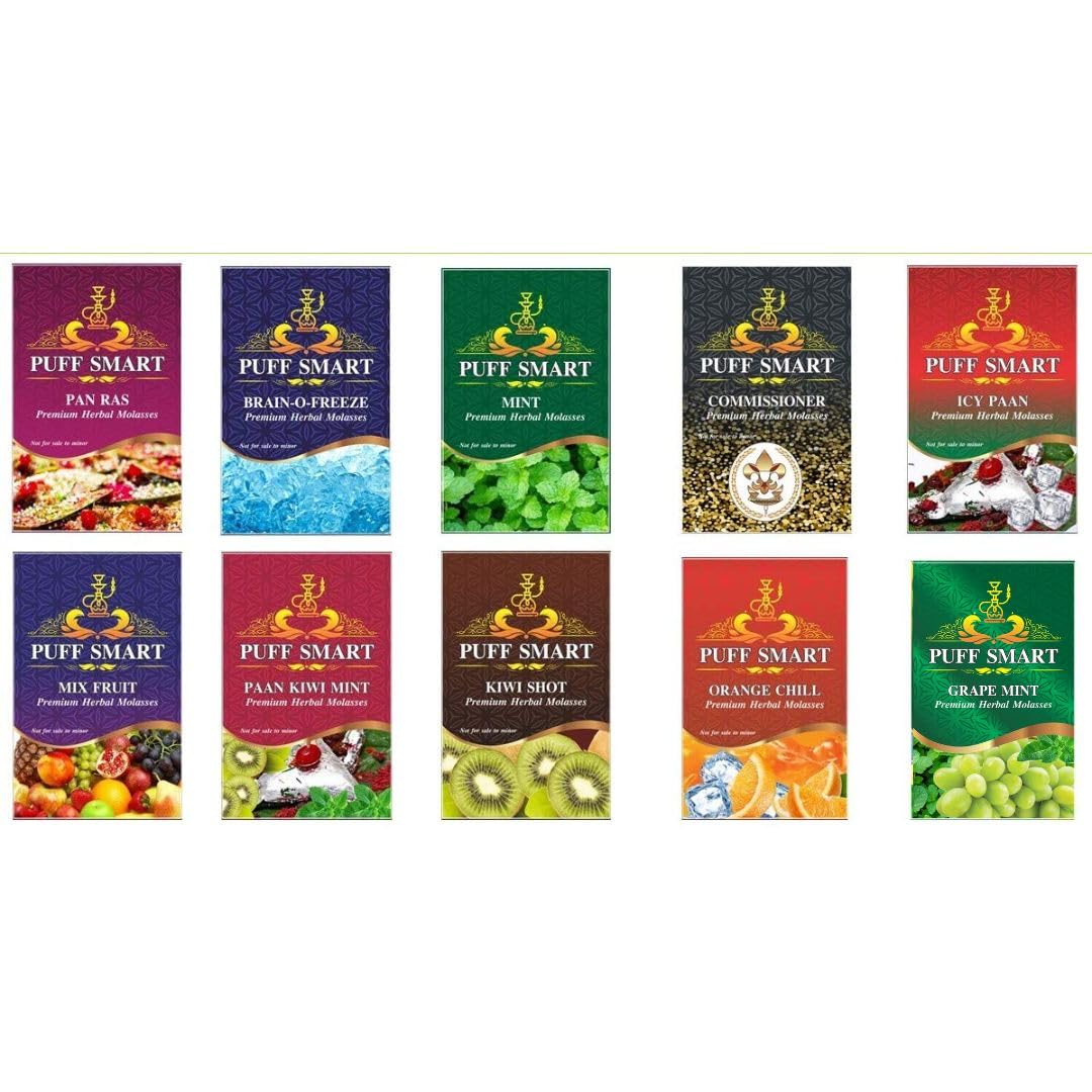 Pan Ras, Mint, Commissioner, Brain-O-Freeze, ICY Pan, Mix Fruit, PKM, Kiwi Shot, Orange Chill and Grape Mint Herbal Molasses (Set of 10) (No Tobacco and No Nicotine)