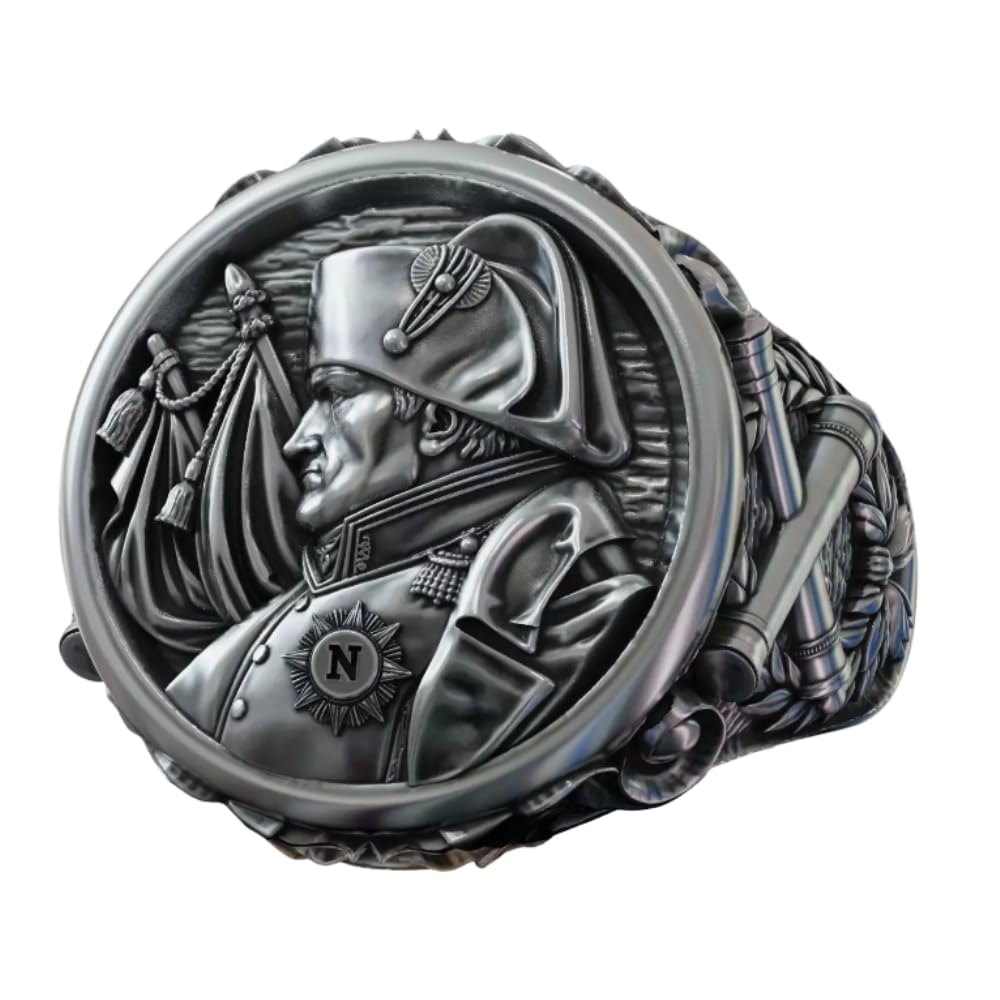 Imperial Napoleon Portrait Mens Warrior Signet Ring Oxidized Crossed Cannon Emblems Biker Rider Floral Men Powerful Laurel Wreath Napoleon Ring 925 Sterling Silver Handmade Gothic Jewelry