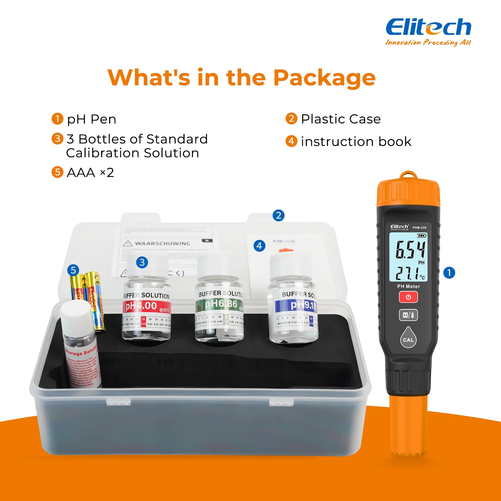 Medidor de pH Elitech con Indicador de Temperatura 0-14 pH ±0.05 de Precisión, Tester pH Calibración Automática, Retroiluminación con Alarmas de Color PHM-230