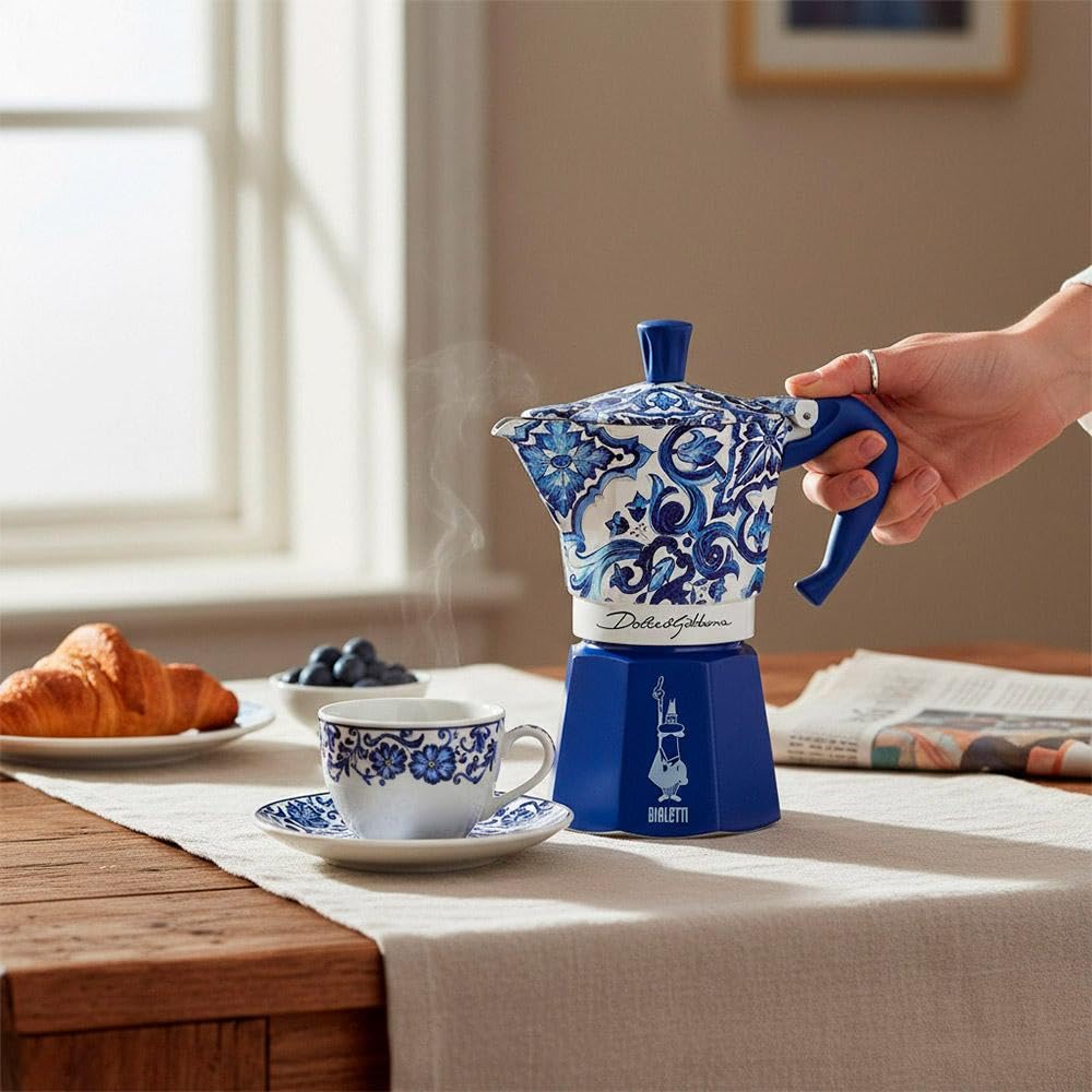 Condition photo showing Good Condition for Bialetti Dolce & Gabbana Mocha Express Blue Mediterraneo for 3 Cups, Direct Fire (Coffee Maker, Espresso Makinetta)