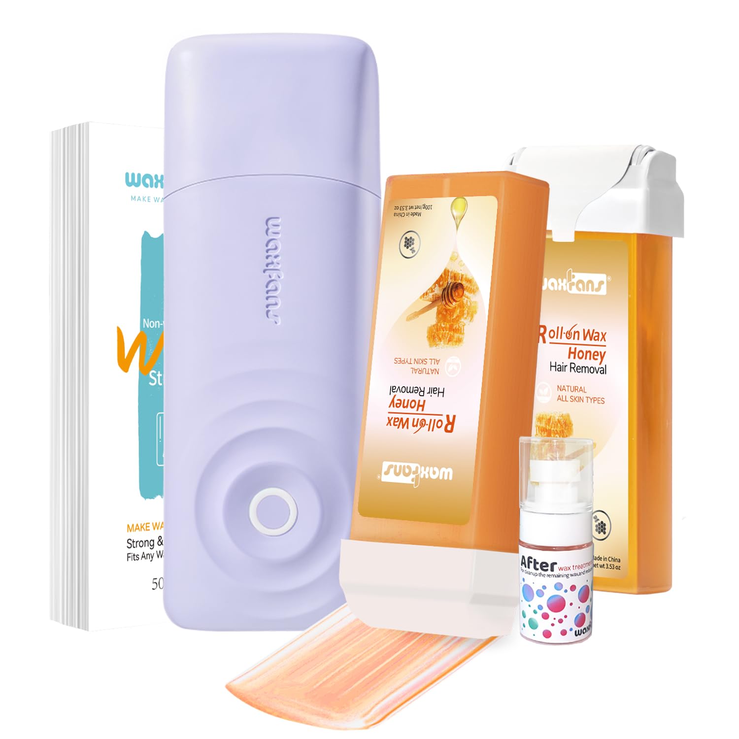 Waxfans Smart Wax Roller Kit, Roll On Wax Kit for Women & Men, Cera Para Depilar at Home Waxing Kit for Body and Legs Hair Removal, with 2 Wax Refills (Honey) & 50 Wax Strips, Easy & Smooth(Honey)