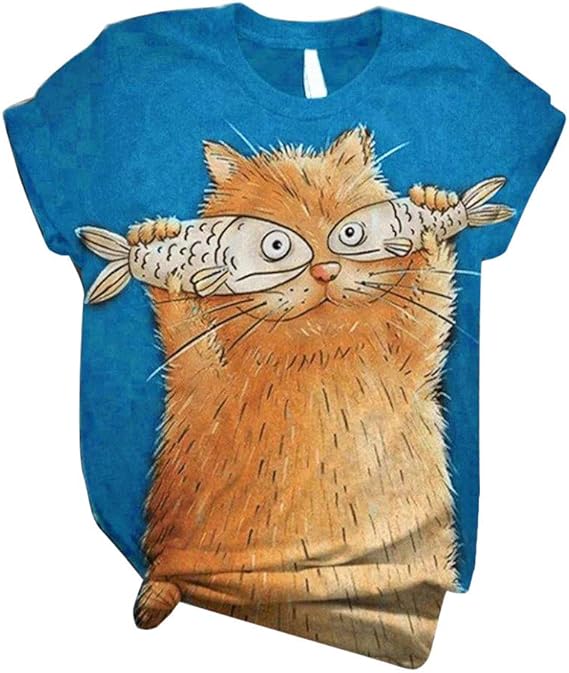 Amazon カットソー Tシャツ 半袖 Noldares 猫柄 ラウンドネック 可愛い ねこ レディース トップス おおきいサイズ 薄手 アリメ柄 おもしろ 学生 洋服 流行り シャツ 安い ブラウス 柔らかい カジュアル シンプル オシャレ 女性 上着 春夏秋 お出かけ Tシャツ カットソー