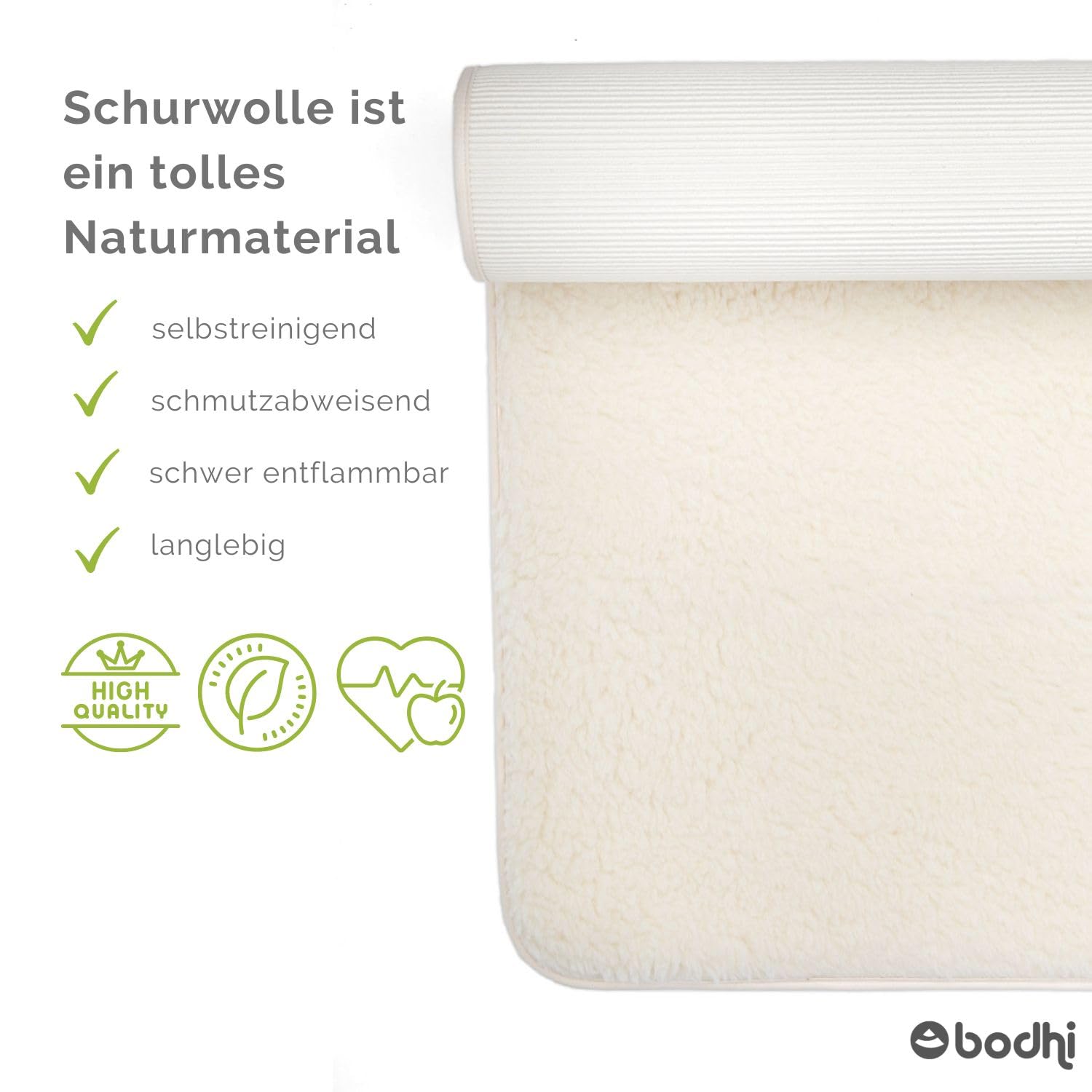 bodhi Schurwoll-Yogamatte Premium (umgesäumt) | Natur | Schurwollmatte | 100% Schafschurwolle (1200 g/m²)| Weich & Isolierend | VISHNU