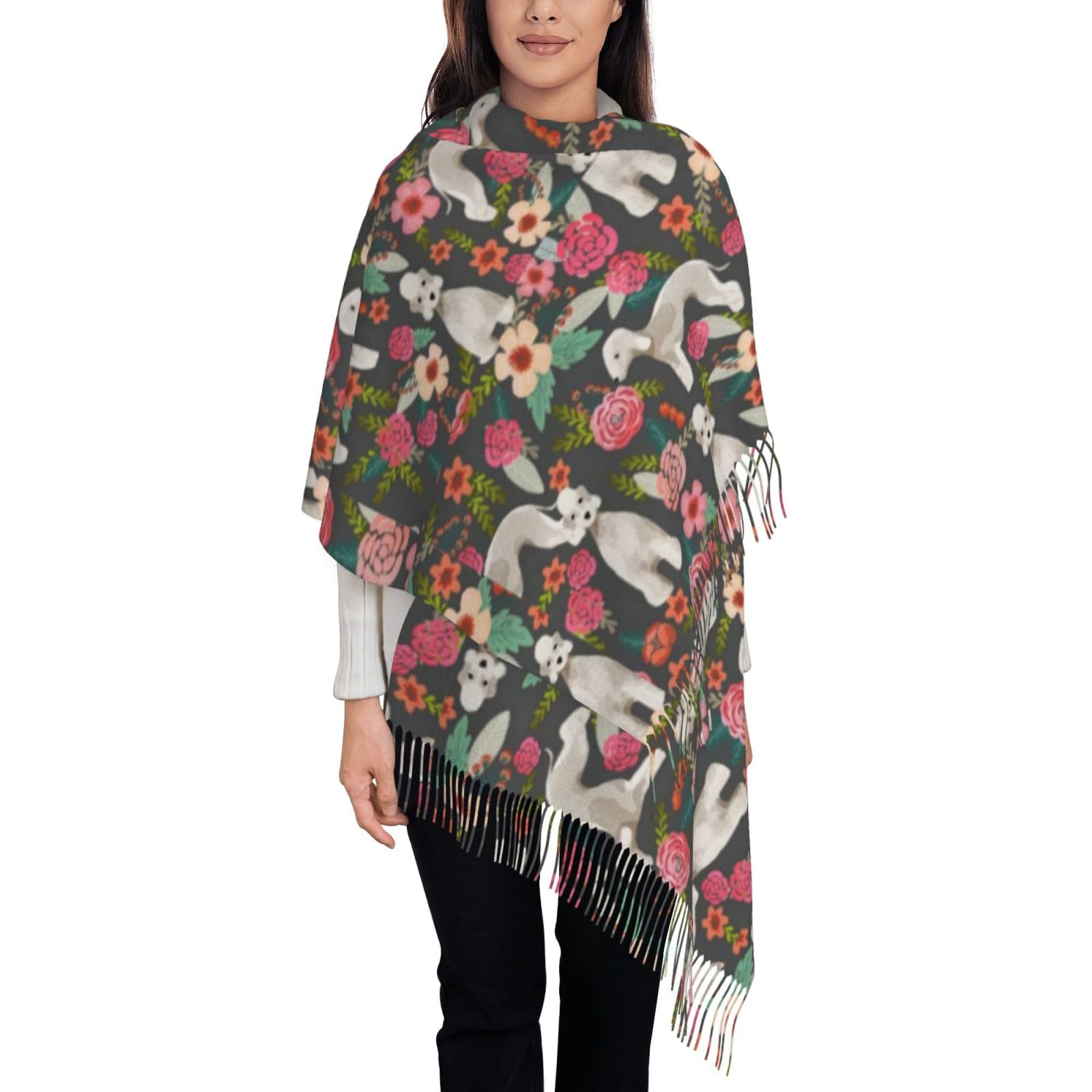Vhomes Unisex As Picture Scarf Bedlington Terrier Florals Dog Tassel Shawl,Warm Fringe Scarf Luxurious Ladies' Wrap,For All Seasons 72 X197 Cm