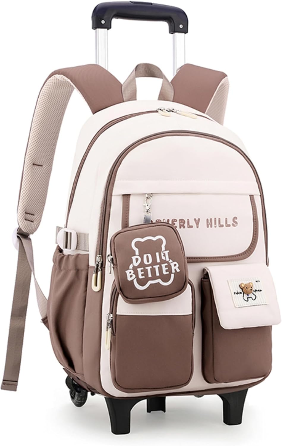 ZHANAO Color-blocking Rolling Backpack for Girls,Kawaii School Bag with Wheels,Trolley Bookbags for Primary Students