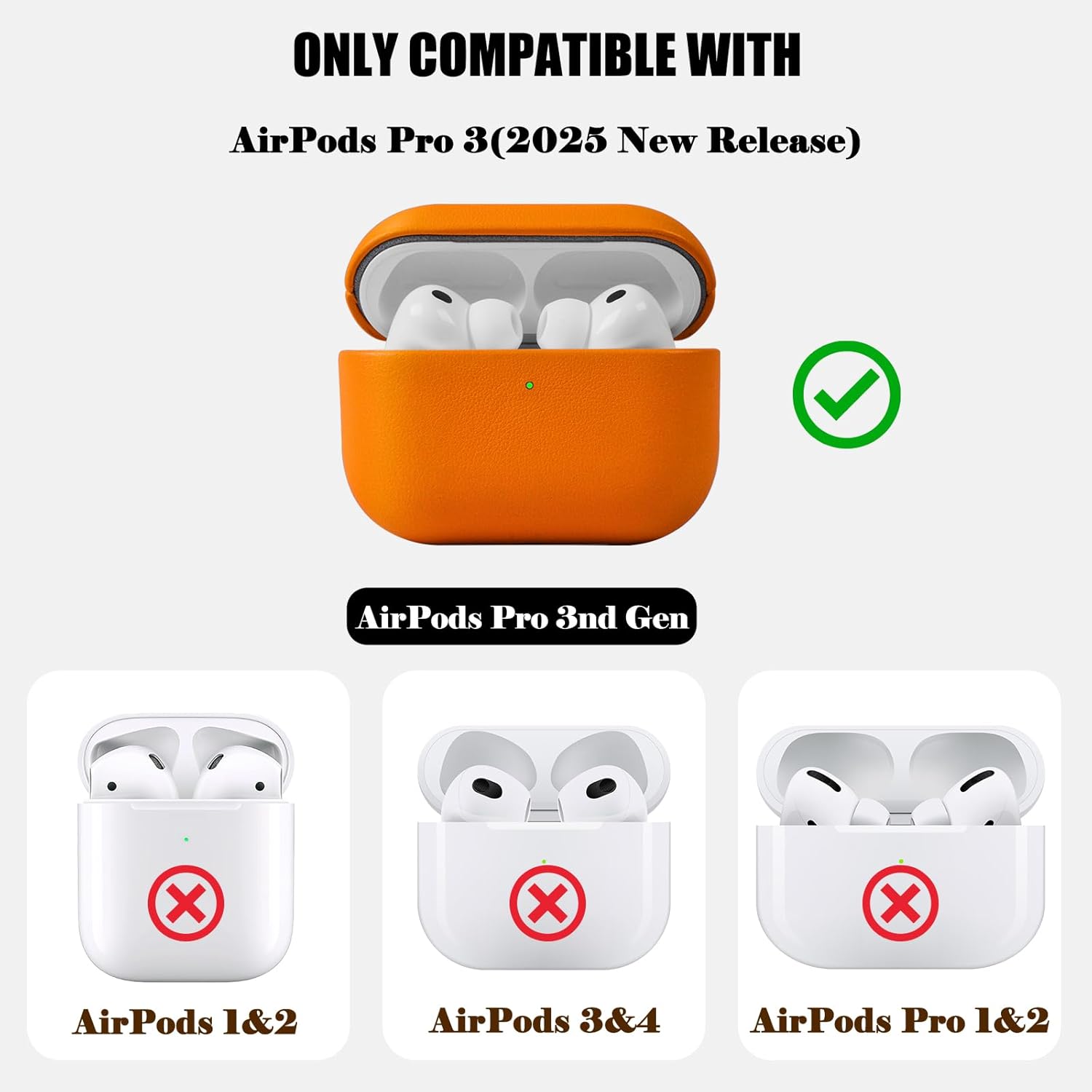 for AirPods Pro 3 (2025) 100% Genuine Leather Case,Full-Grain Leather Cover Case,Handmade Top,Shockproof Protective,Wireless Charging,for AirPods Pro 3rd Gen (Orange, No Rope)