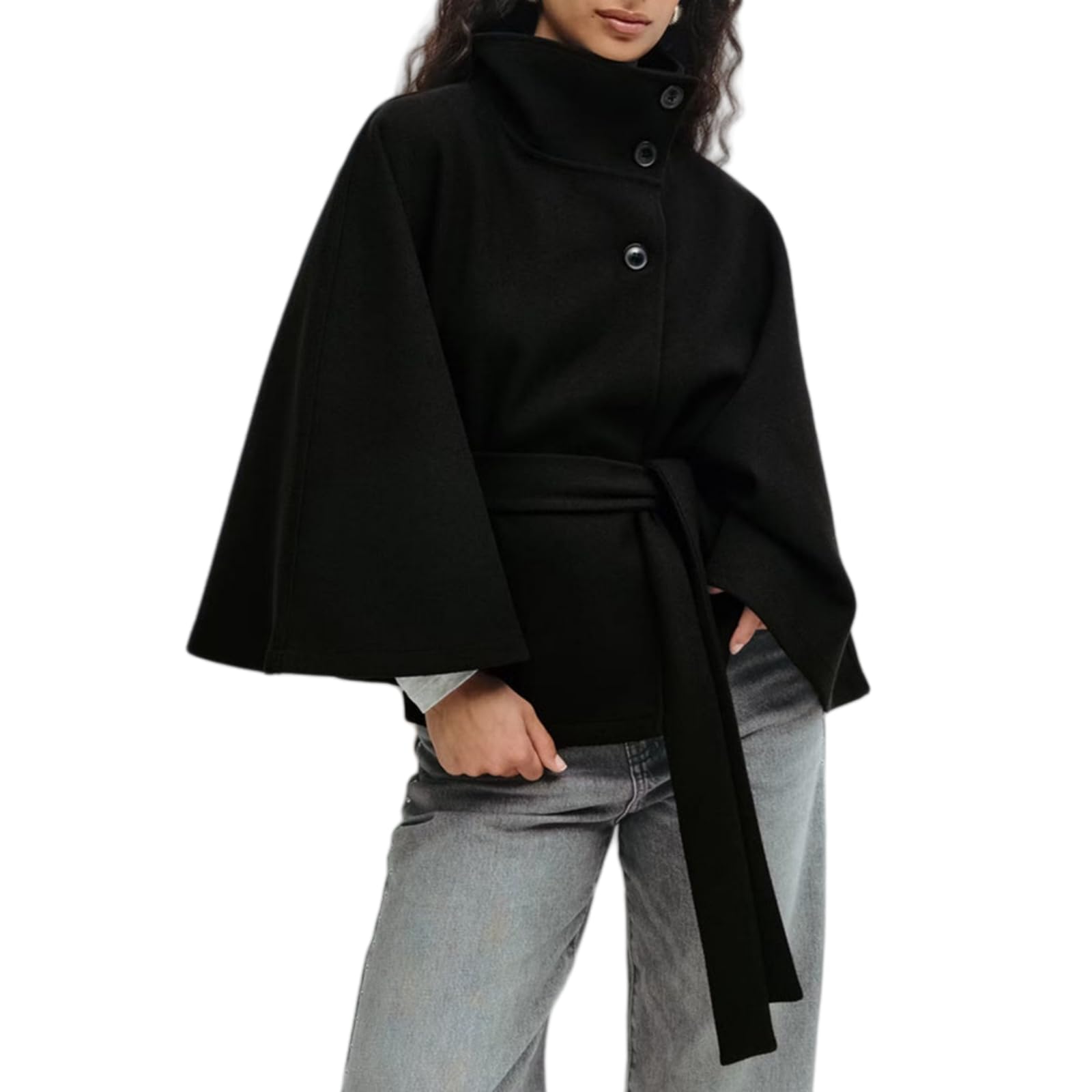 Generisch Poncho De Mujer Con Mangas De Murciélago, Caban Chaqueta Con Cuello Alto Y Cinturón Capa Abrigo Chaqueta, Capa Otoño-Invierno Bufanda Ropa Exterior