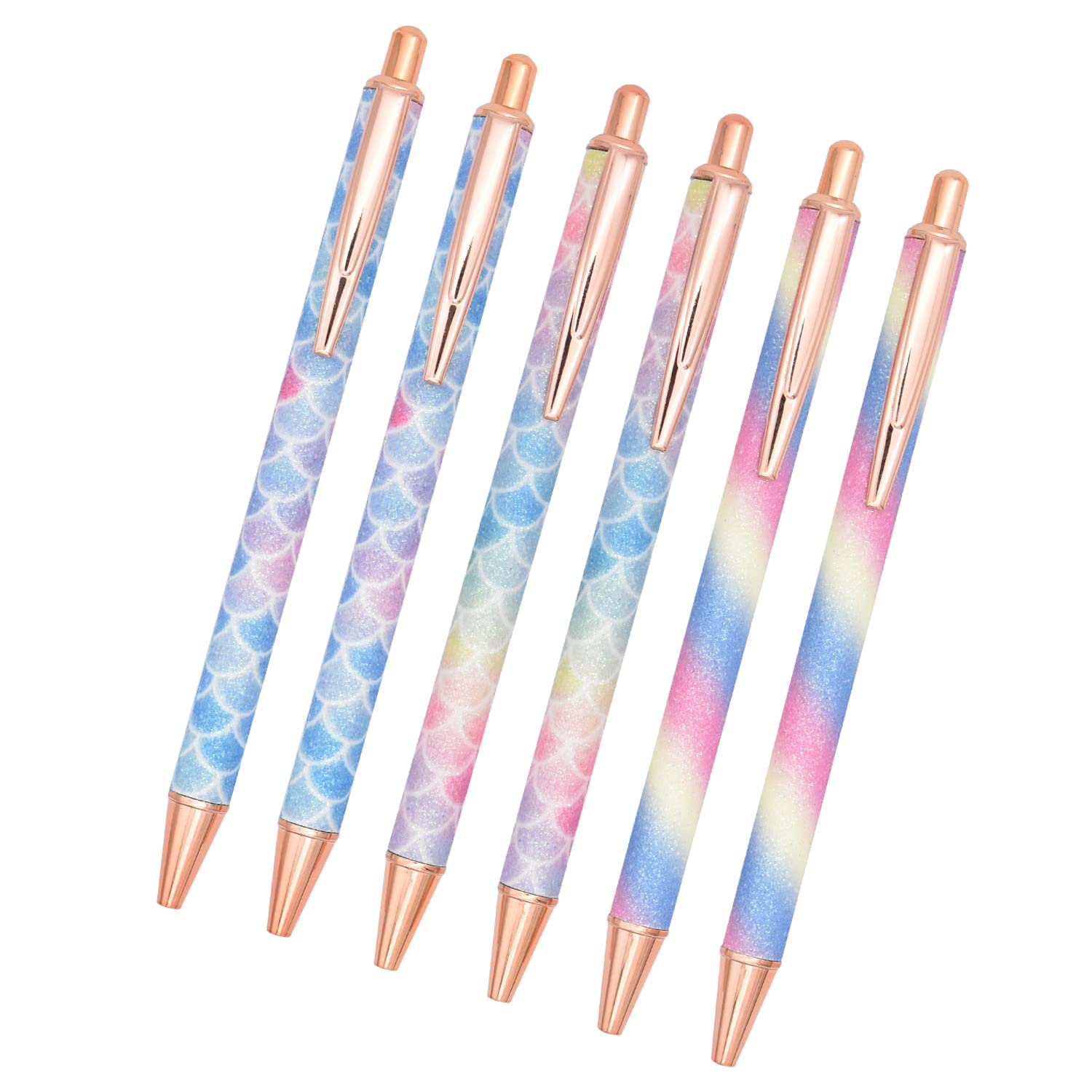 6 Pieces Ballpoint Pens Colorful Gradient Metallic Retractable Click Ball Pens with Black Ink, Girly Cute Pens Smooth Writing Pens for School Office Gift, Rose Gold