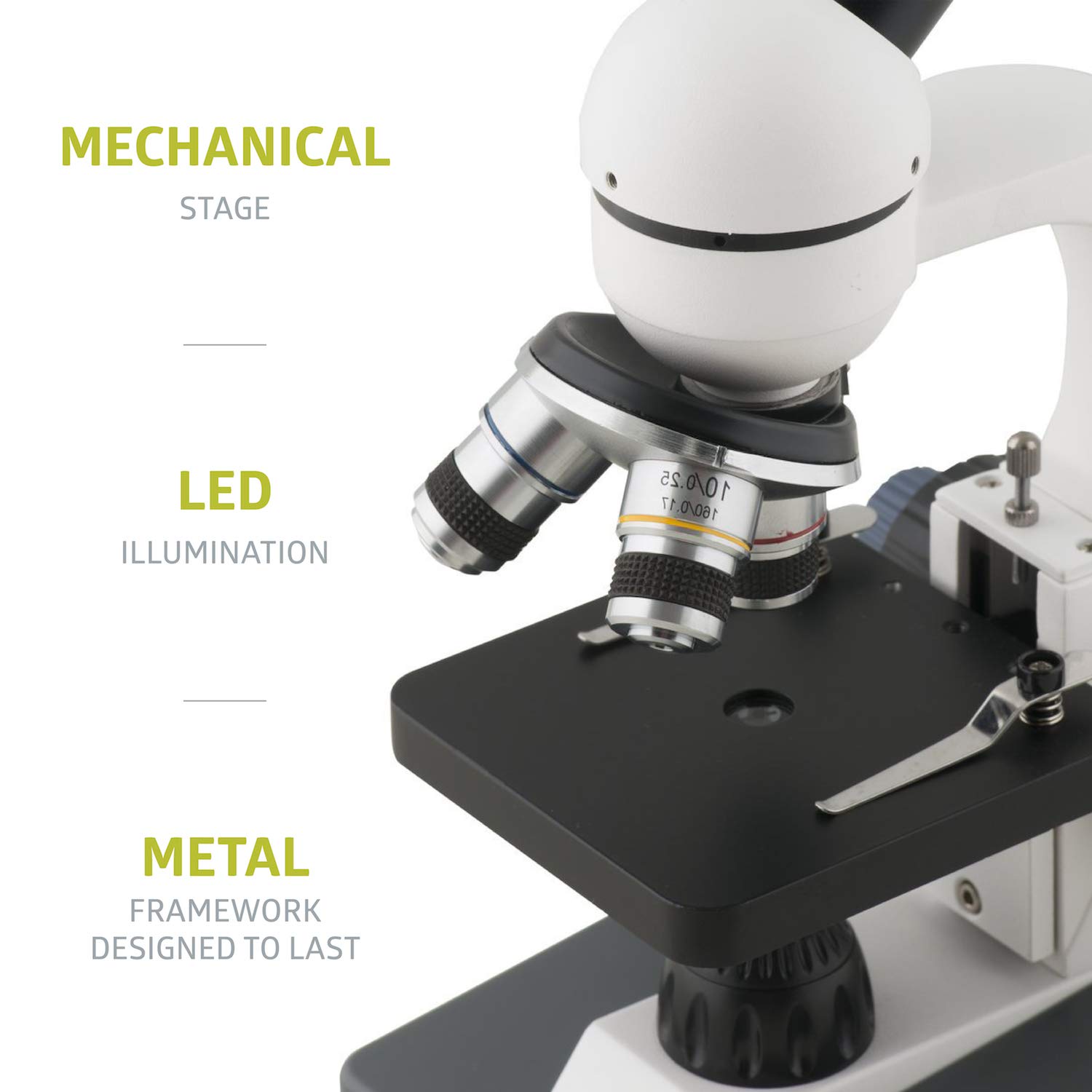 Microscopio de vidrio óptico monocular compuesto de metal para niños principiantes; suministros de aula de estudiantes STEM de ciencias; luz LED, aumento de 40X - 1000X 3