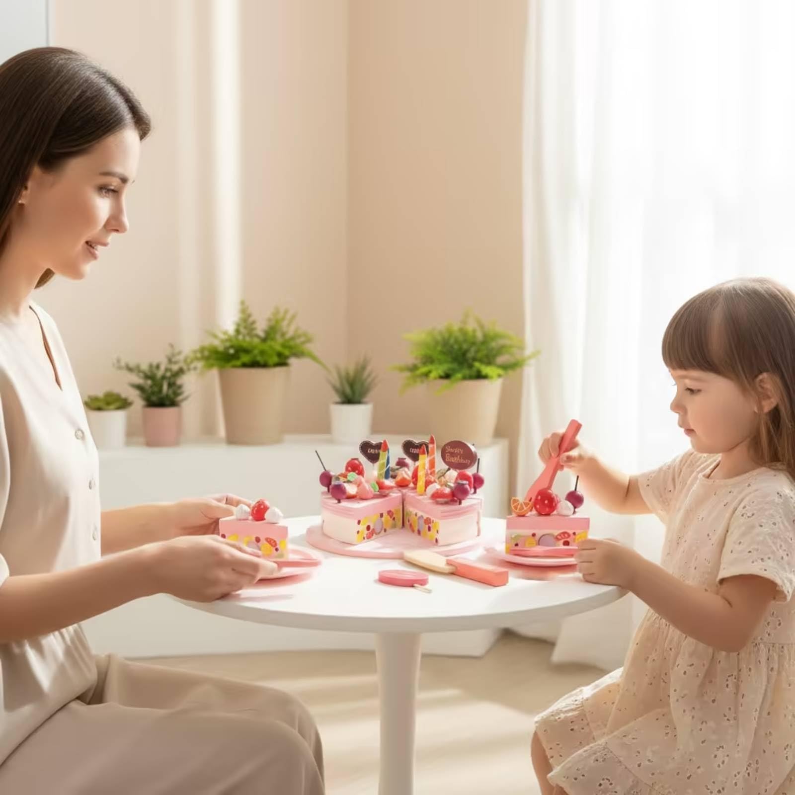 F Fityle Pastel de Cumpleaños de Juguete para Niños con Torta para Cortar Set de Cocina de Madera Platos Cuchillo y Cubiertos Decoraciones de Crema y Frutas