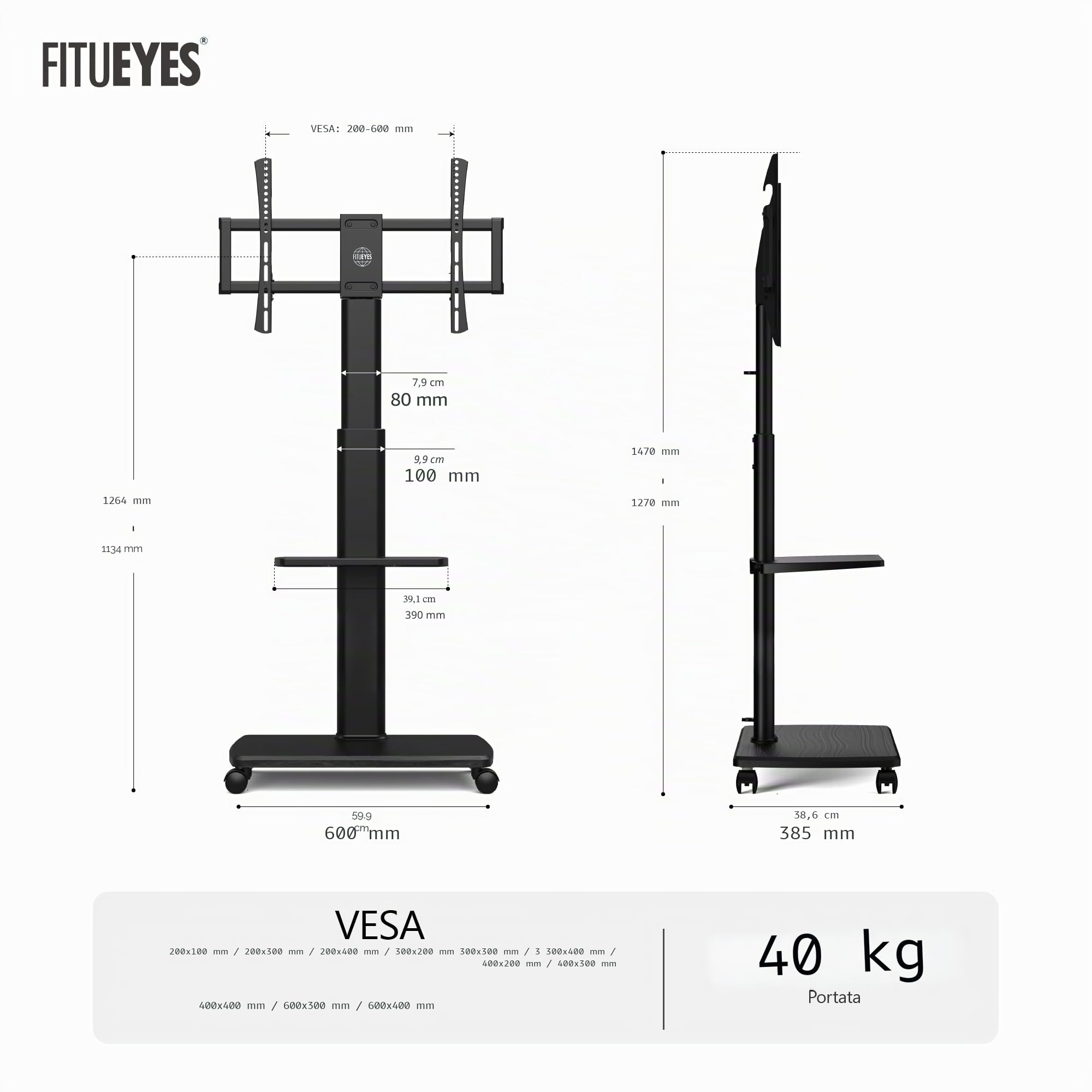 FITUEYES Supporto da pavimento per TV, con ripiano in legno, supporto per TV, con ruote, regolabile in altezza, per schermo piatto da 32 a 70 pollici, fino a 40 kg, VESA max. 400 x 600 cm