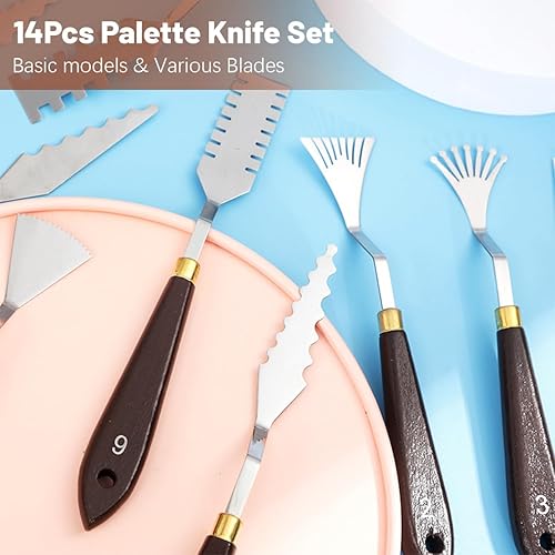 Miniatura 5 de Juego de 14 cuchillos de paleta, cuchillo de pintura de acero inoxidable, espátula de pintura con mango de madera, accesorios de pintura al óleo