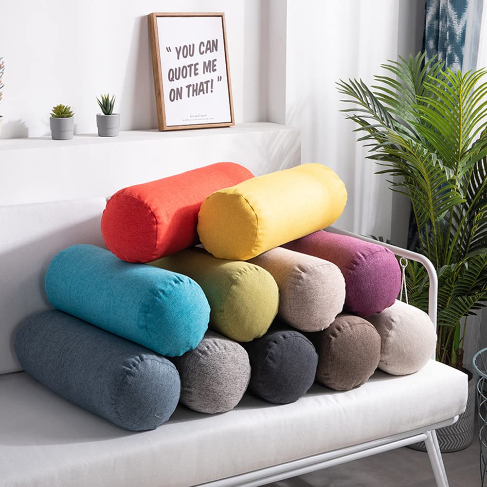 Long Oreiller Traversin en Lin Rond Oreiller Lombaire pour Canapé Lit Voiture Bureau, Coussin de Soutien Doux pour Accoudoir, Oreiller de Soutien du Cou, Soulagement des Douleurs Dos/Genou/Jambe