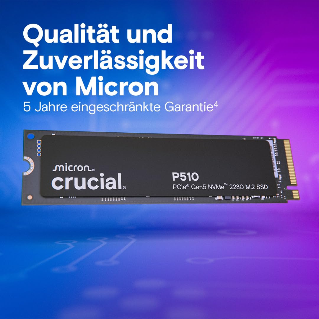 Crucial P510 SSD 1TB M.2 NVMe PCIe 5.0 x4 Gen5, bis zu 11.000 MB/s Lesen, 9.500 MB/s Schreiben, für Laptop und Desktop PC, TLC NAND, Interne Festplatte - CT1000P510SSD8-01