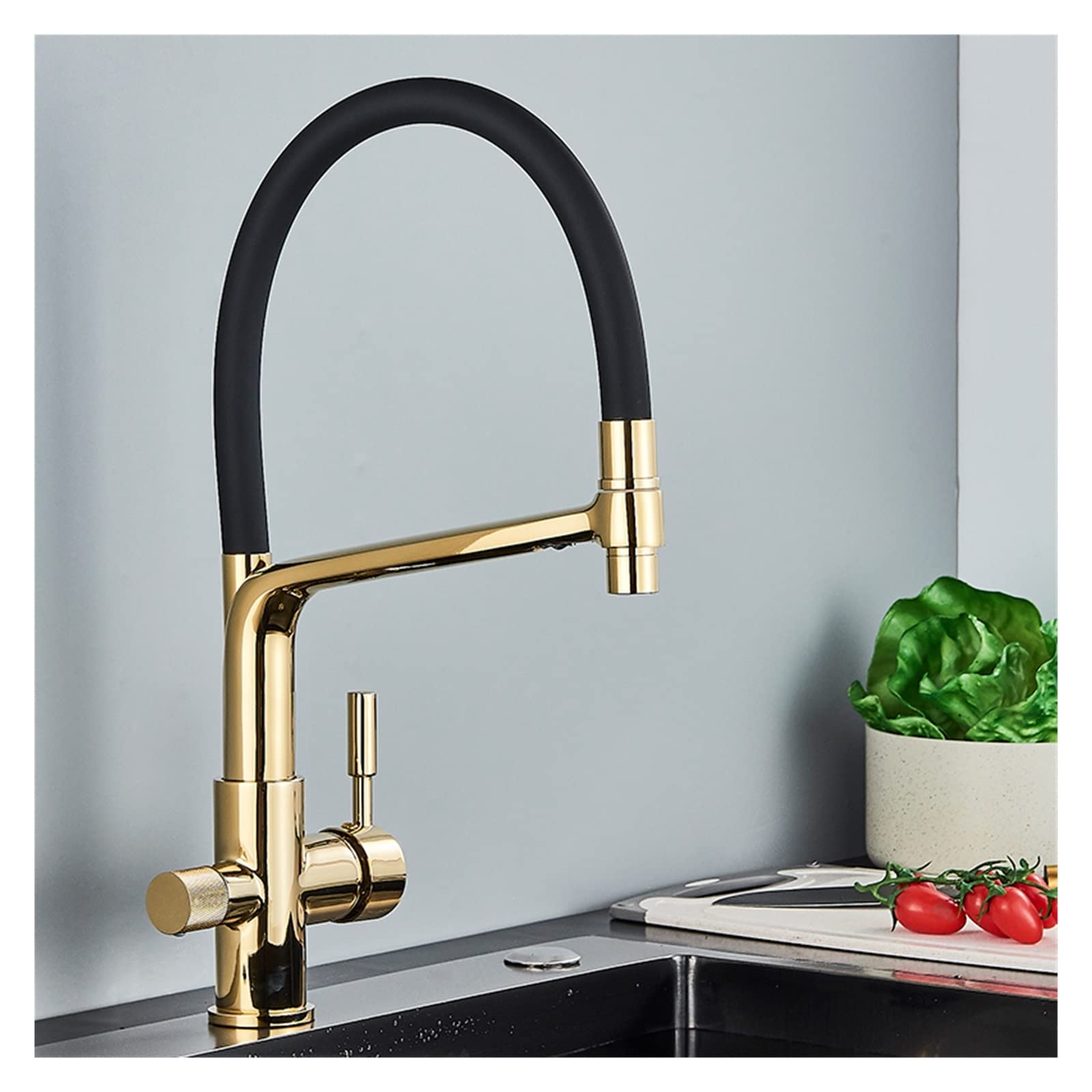 Grue à eau pour la cuisine en or brossé luxueux avec double bec intégré