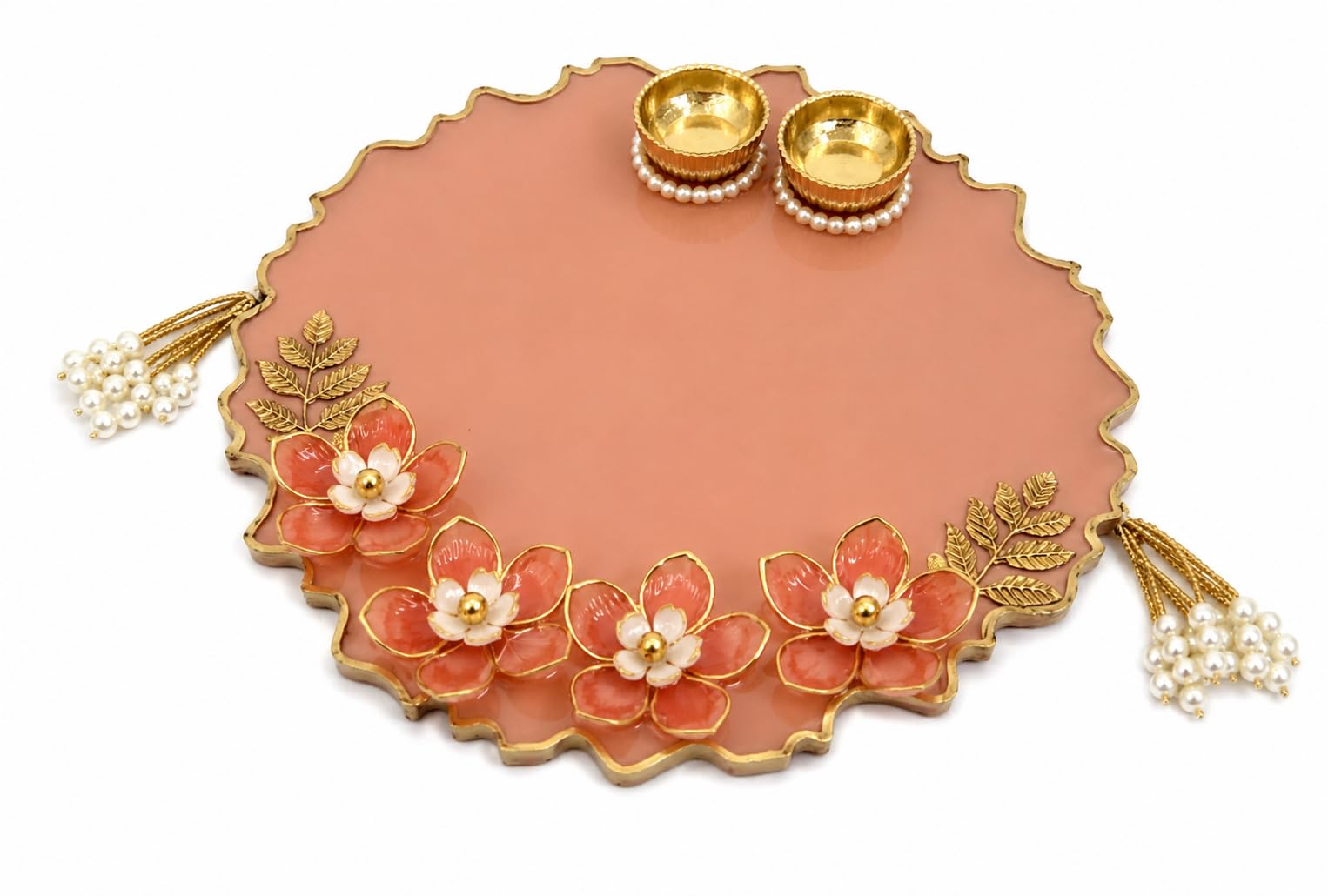 8 Inch Resin Pooja Thali for Diwali – Decorative Thali with 2 Roli Chawal Platter | Ganesh Design Festival Puja Thali for Rakhi, Diwali, Wedding, Pooja Decor (Peach) with latkan-image-30