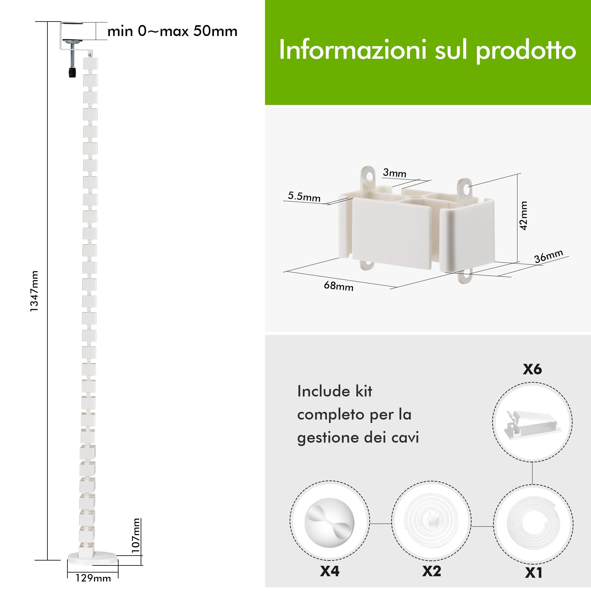 Mimoke Passacavi rettangolare Cuba Slim Line, lunghezza 1285 mm, gestione cavi per scrivanie regolabili in altezza e fisse (bianco, montaggio a morsetto)