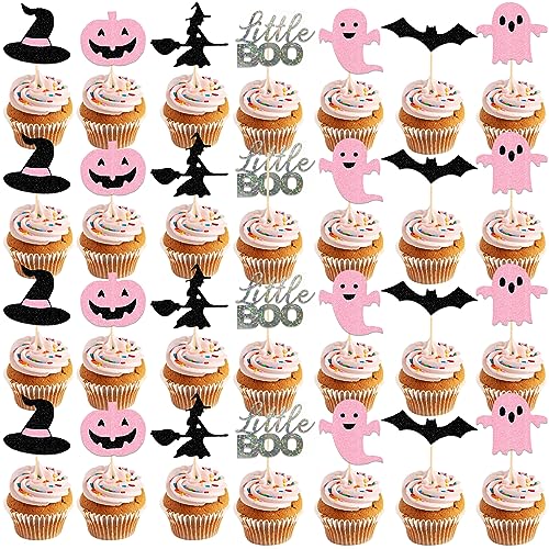 42Pcs Pink Halloween Cupcake Toppers Halloween Baby Shower Decorations A Little Boo Is Almost Due Baby Shower spooky One Birthday Decorations Girl Pink