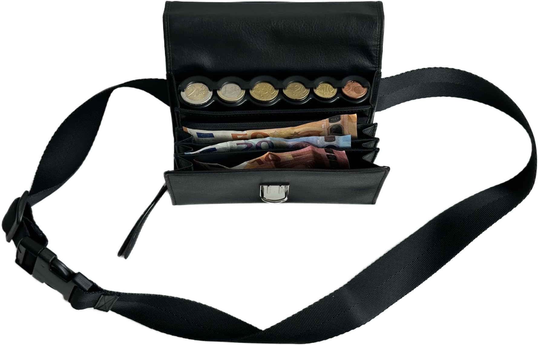Sacoche Banane Serveur en Véritable Cuir de Bovin, avec Monnayeur Distributeur 6 Pièces d'Euros, Fermeture Cartable, idéale Serveur, Serveuse, Bar, Restaurant, Brasserie