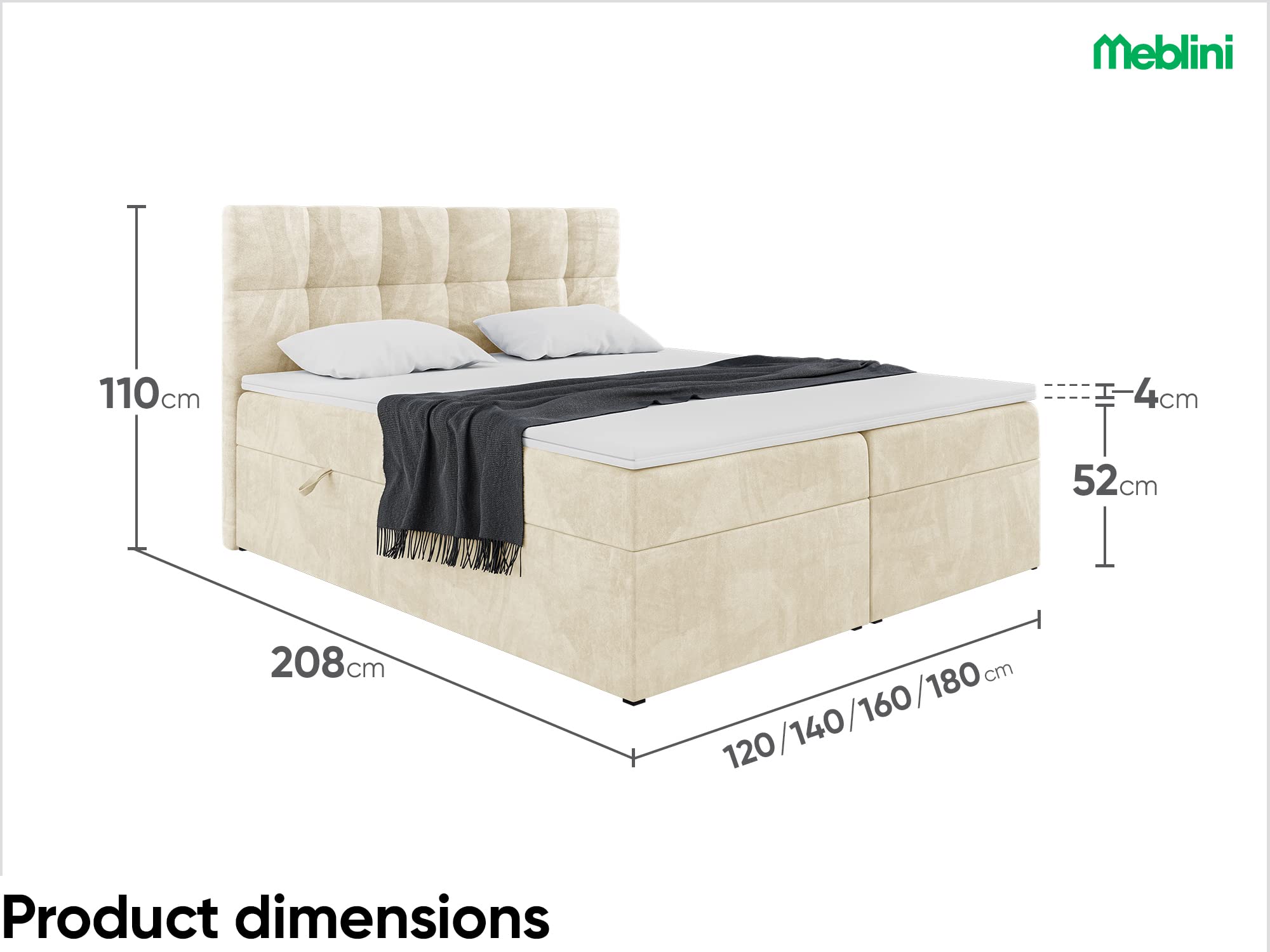 MEBLINI Boxspringbett mit Bettkasten - Gepolstert Doppelbett mit Matratze und Topper - Polsterbett mit Stauraum - Bett mit Kopfteil - Stauraumbett - RACO - 120x200 - H3/Beige Samt