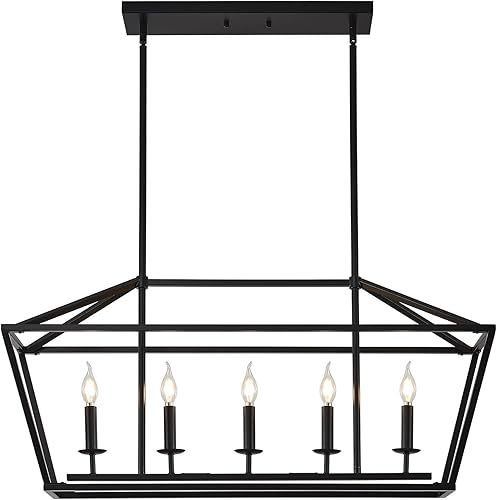 XILICON Lámpara de araña rectangular de isla de cocina, 5 luces lineales, para comedor, casa de campo, color negro, moderna, industrial, para