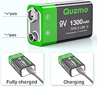 Vista 3 de Paquete de 2 baterías recargables de iones de litio de 9 voltios, 1300 mAh de larga duración, recarga USB-C con cable de carga 2 en 1 para alarmas