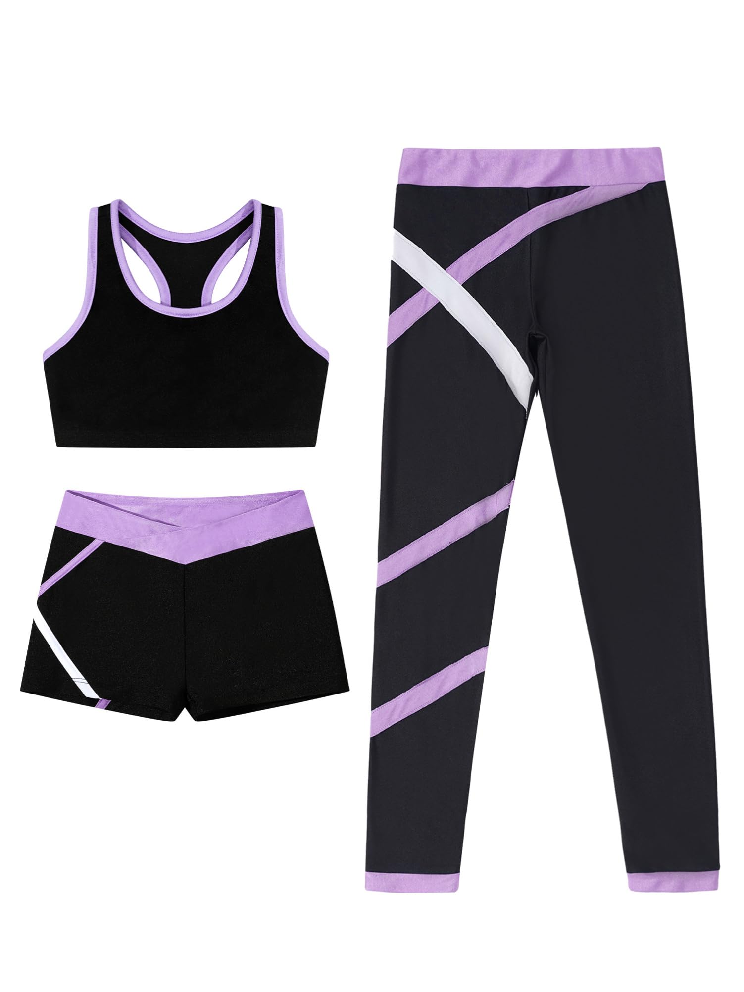 Alvivi Dziecięcy dres treningowy 3-częściowy, sportowy biustonosz + szorty + legginsy, strój do joggingu, gimnastyka, joga, zestaw sportowy, lawendowy, 134-140