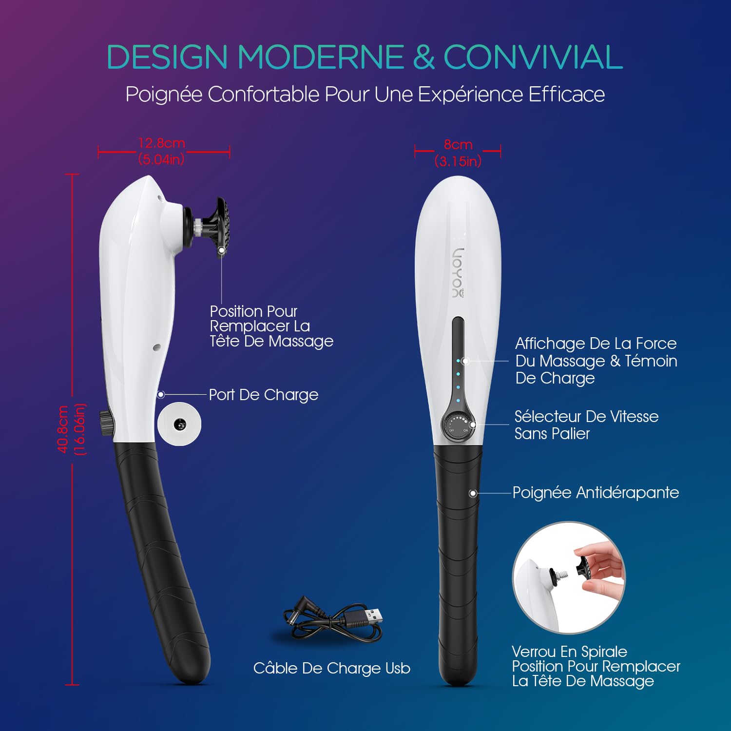 VOYOR-HEALTH Appareil de Massage Dos Électrique à Percussion Sans Fil MH560 | Massage à Percussion Portable avec 3 Têtes de Massage, Idéal pour Dos, les Cervicales, les Épaules, les Jambes et les Pieds
