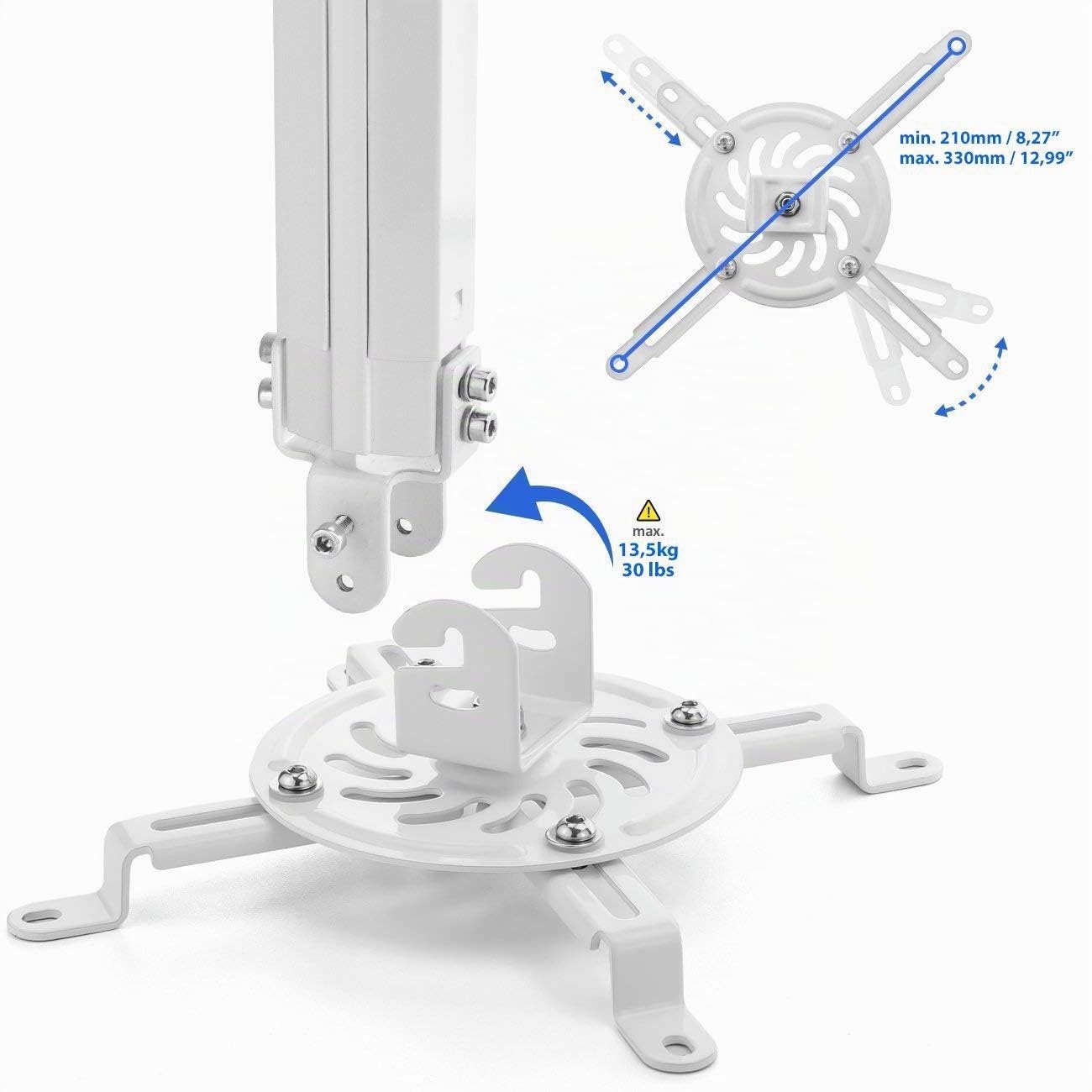 deleyCON Support de Plafond Universel pour Projecteur +- 15° d'Inclinaison - Rotation à 360° - Jusqu'à 13,5Kg - Hauteur Réglable de 545mm à 900mm - Blanc