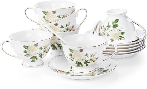 Miniatura 7 de Foraineam Juego de taza de té y platillo, tazas de café floral marfil de porcelana con platillos y cucharas, juego de taza de té de 6 onzas con
