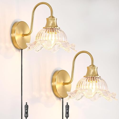 Juego de 2 apliques de pared enchufables, lámpara de pared vintage con cable de 6.23 pies, lámpara de pared con cable dorado de latón con pantalla