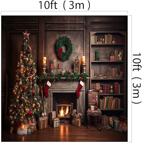 Miniatura 2 de Kate Telón de fondo de Navidad de 10 x 10 pies  9.8 x 9.8 ft, regalo de árbol de Navidad, chimenea, estantería, computadora, fondo de tela,