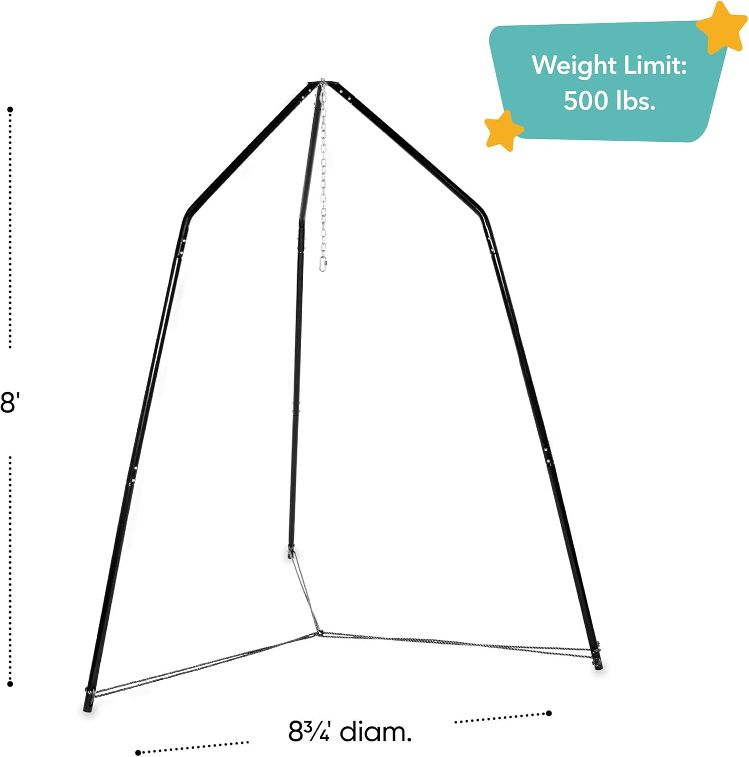 Diagram showing the dimensions of the HearthSong Family HugglePod Hangout Stand, with a height of 8 feet and a diameter of 8.75 feet, and a weight limit of 500 lbs.