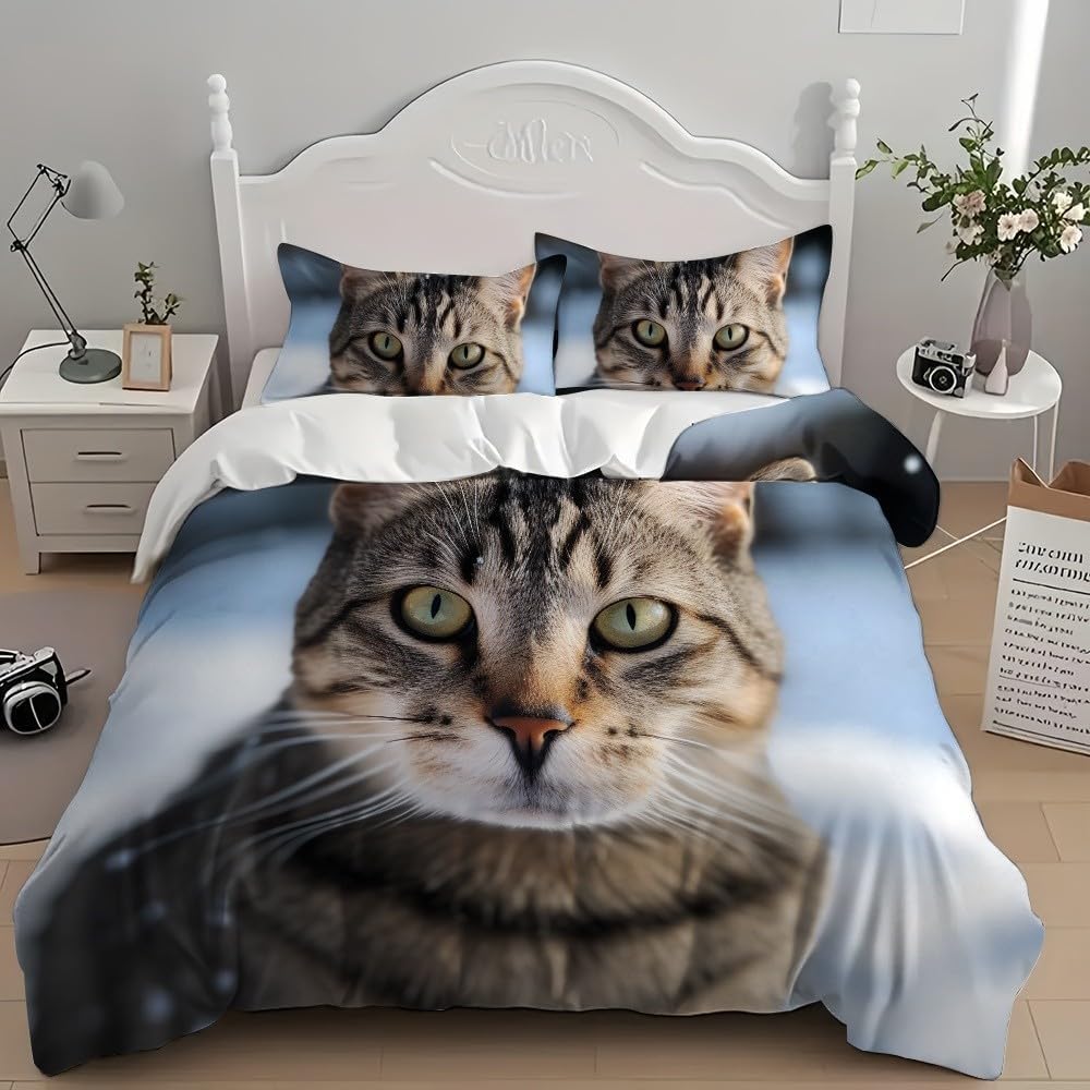 Housse de couette chat 150x200 microfibre douce anti-plis avec fermeture Éclair