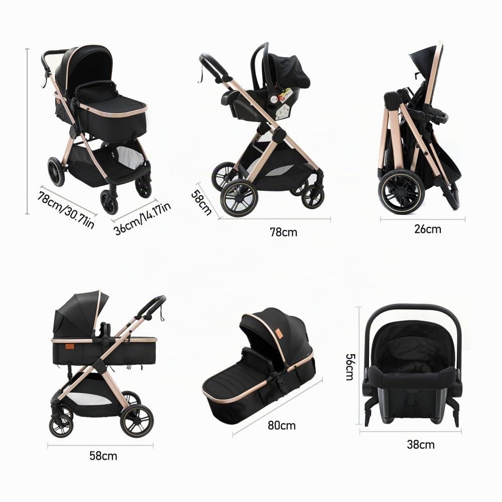 Poussette 3 en 1 pliable, légère bébé, poignée cuir PU, Noir & Or | Système de voyage 0-36 mois, pour nouveau-nés et tout-petits, moustiquaire et housse de pluie inclus