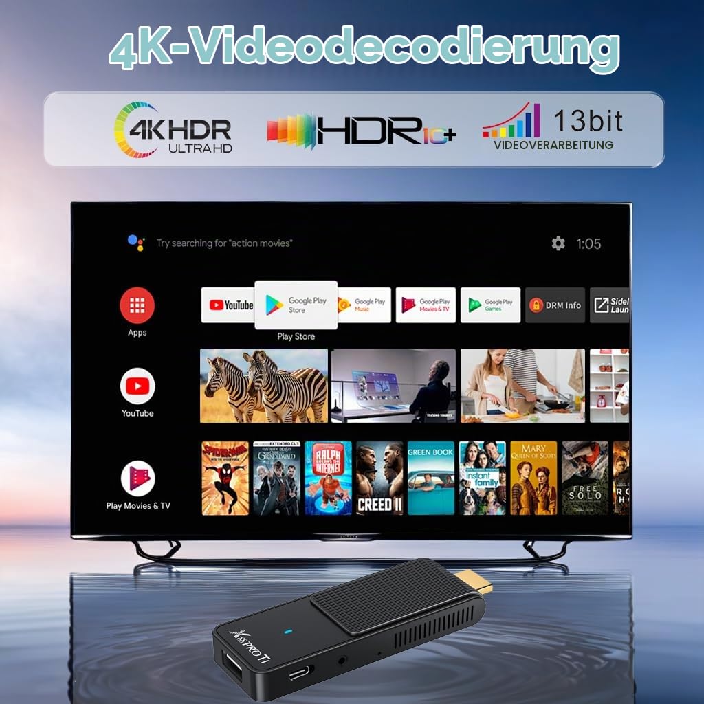 GREVA TV Stick Android 4K Ultra HD-Streaming-Gerät, Neuestes Android 14.0 TV-Stick Box 2 GB 16 GB HDR/AV1/2,4G/5G WiFi/BT 5.0, 3D HD Smart Box Streaming Media Player mit Assistant Sprachfernbedienung