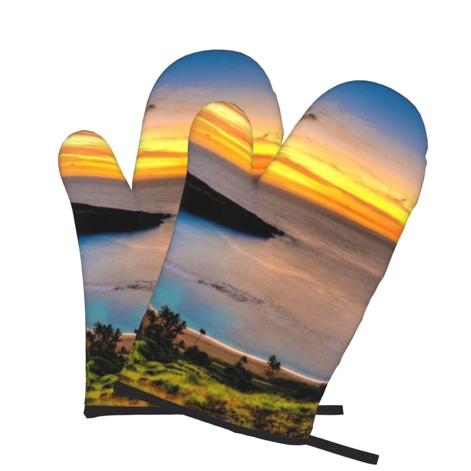 Oven Mitts Set of 2 Pcs, Sunrise Over Hanauma Bay Oahu Hawaii Prints Heat Resistant Kitchen Gloves for Cooking Baking Grilling