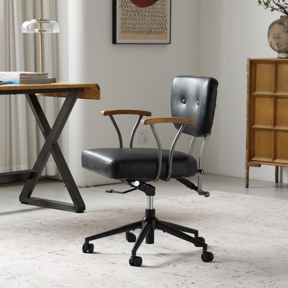 I0I&I0I Sedia da ufficio ergonomica in pelle, regolabile in altezza, girevole, con ruote e braccioli in rovere, per casa e ufficio