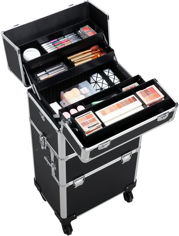 Topeakmart 3 In 1 Aluminum Professional Rolling Cosmetic Case, Beauty Storage Trolley, Make Up Storage Organizer, Makeup Travel Case - With Wheels, Folding Trays and Large Compartments - Black