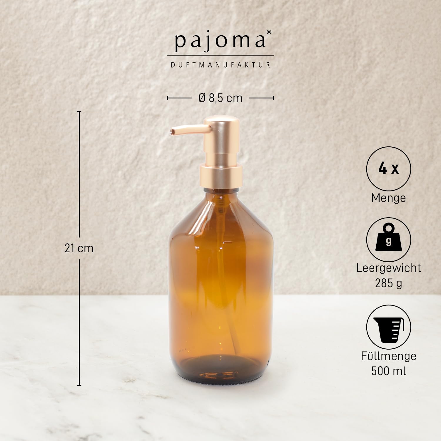 Lot de 4 distributeurs de savon en verre - 500 ml - En verre marron - Diamètre : 8,5 x 21 cm - Avec tête de pompe dorée - Distributeur élégant de liquide vaisselle et distributeur à pompe - Idéal pour